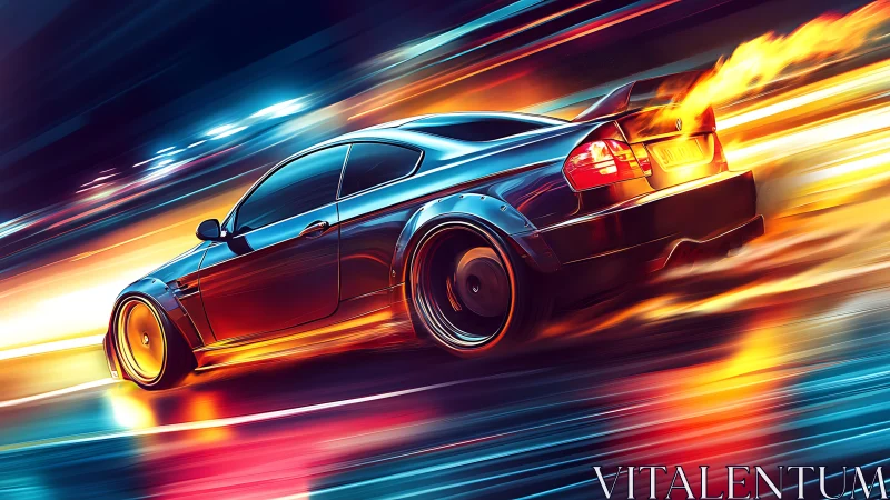 Neon drift coupe tears through chrome-lit rain streets.