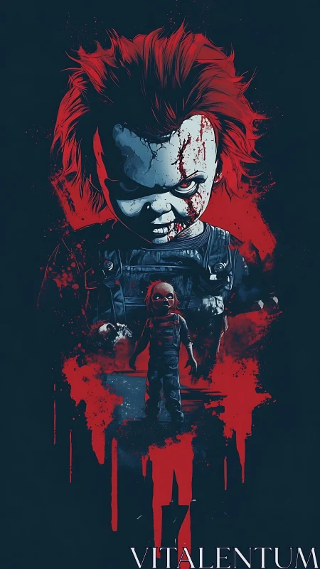 Sinister killer doll looms over blood-splattered corridor.