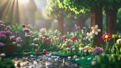Pixel Art Garden: Digital Blossoms in Ethereal Sunlight