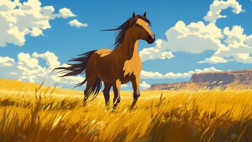 Digital painting of wild horse in luminous prairie landscape.