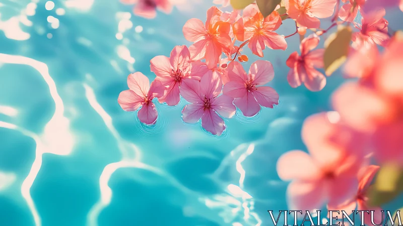 Pink flowers reflected in turquoise water surface.