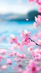 Cherry blossoms drift like soft pink comets over glassy water