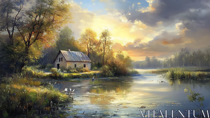 Sunlit riverside cottage resting in soft golden stillness.