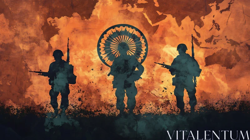 Silhouetted armed soldiers before map and radial emblem.