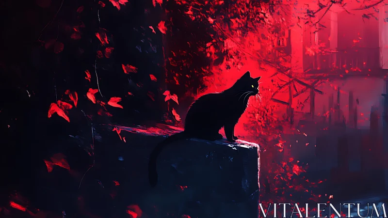 Black cat silhouette studies neon red urban foliage glow