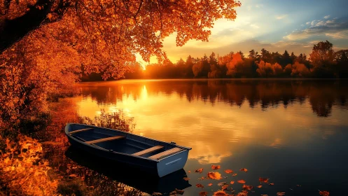 Autumnal lakeshore rowboat under high-saturation sunset radiance.