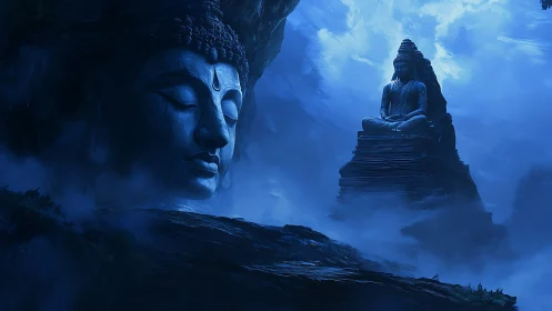 Moonlit mountain dreams cradle twin Buddhas in blue silence