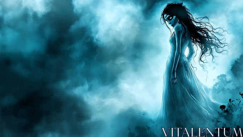 Mysterious ghostly girl drifting through blue misty night.