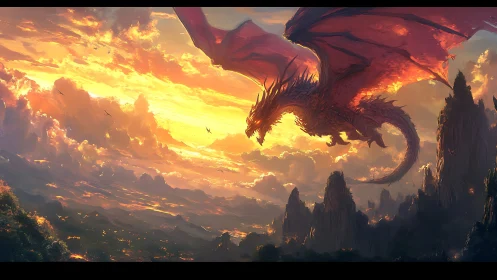 Emberwing dragon sails through molten sunset kingdoms.