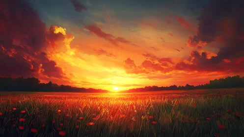 Sunlit poppy field under blazing painted sunset sky.