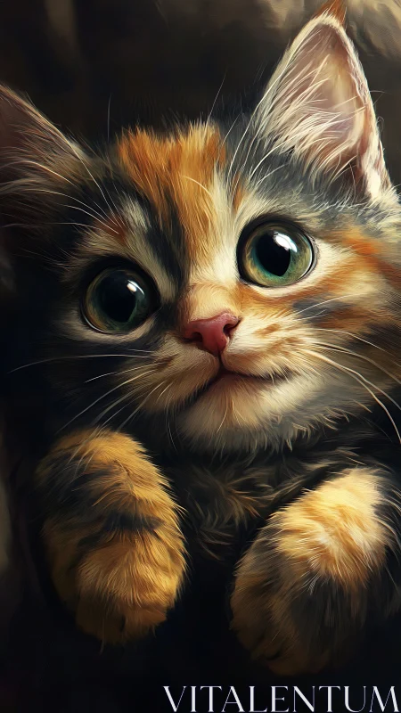 Calico Kitten Portrait with Emerald Eyes: Digital Painting.