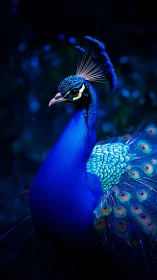 Vivid blue peacock portrait under dramatic low light.