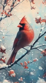 Scarlet cardinal royalty perched in a swirling winter dream.