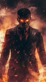 Flaming skull-headed figure in suit amid dense fiery smoke.