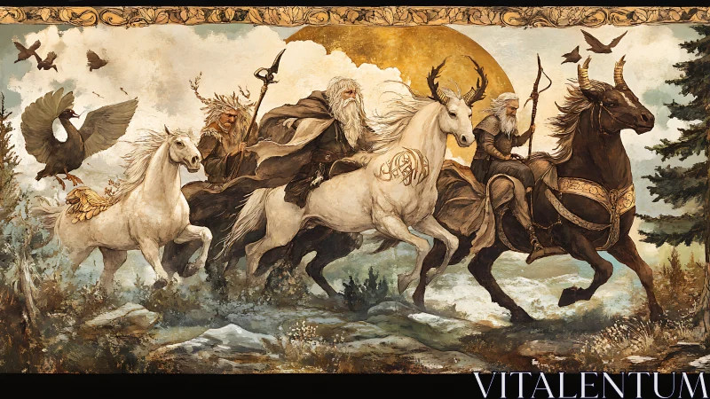 Elder riders on mystical steeds under a golden sun.