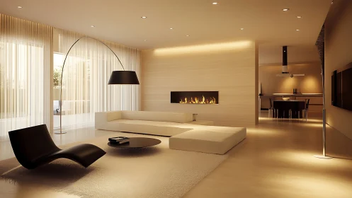 Sculpted minimal lounge aglow with ribbon-fire serenity.