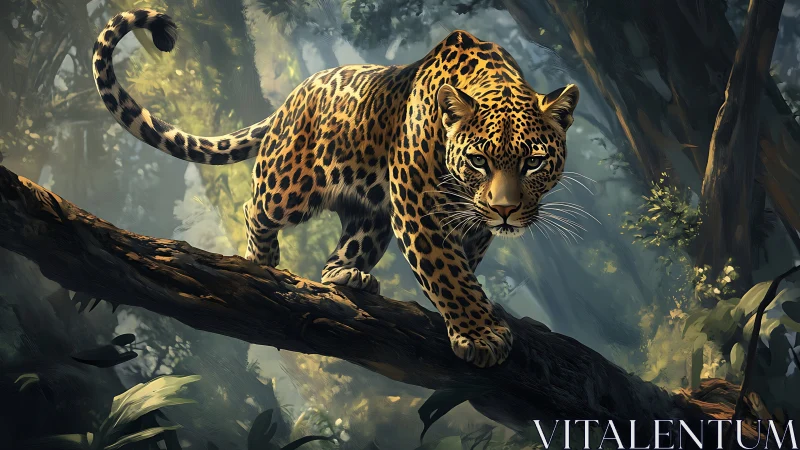 Leopard Stalking Through Misty Forest Canopy.