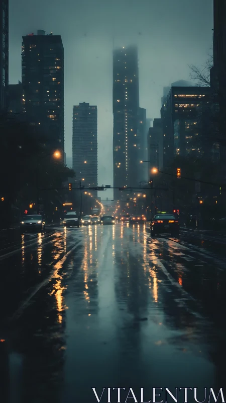 Rain-slicked city boulevard humming under mist-veiled towers.