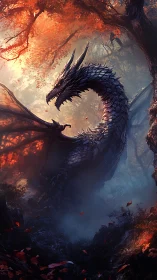 Armored obsidian dragon coiled in misty ember-lit forest