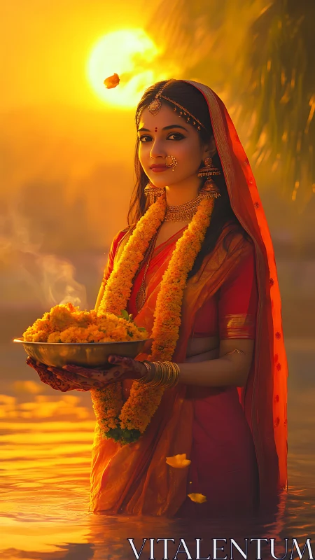 Golden river sunset honors a graceful woman in prayer