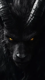 Demonic horned beast stares forward with blazing golden eyes