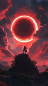 Crimson eclipse above lone warrior on stormlit cliffside.