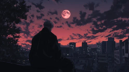 Solitary figure overlooks city skyline under red moon