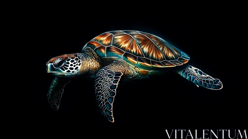 Glowing sea turtle drifts gently through the quiet dark sea