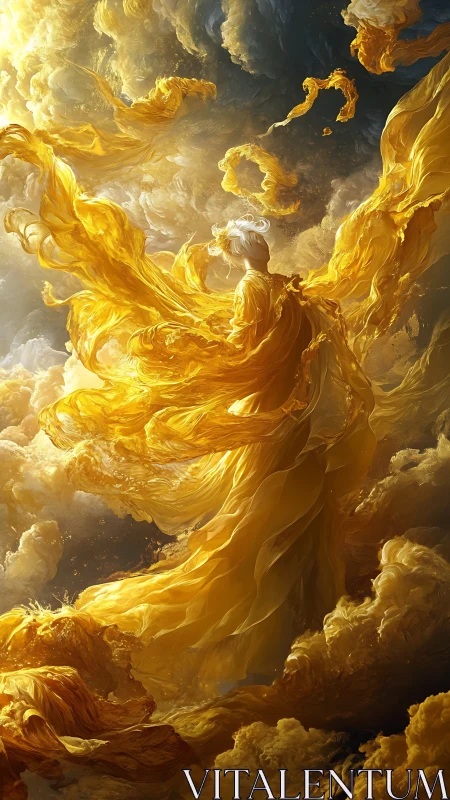 Golden celestial figure dissolves into radiant atmospheric currents