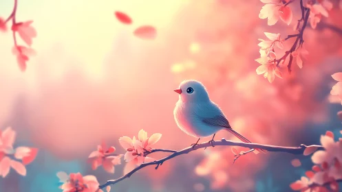 Delicate Bird Perched Among Blossoming Cherry Flowers at Dawn