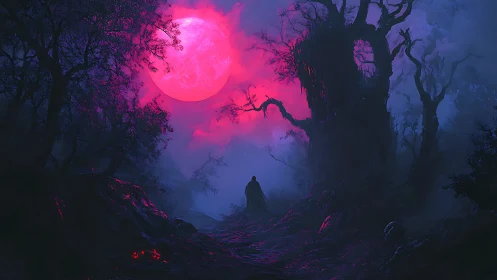 Wanderer Under a Neon Blood Moon in Enchanted Woods.