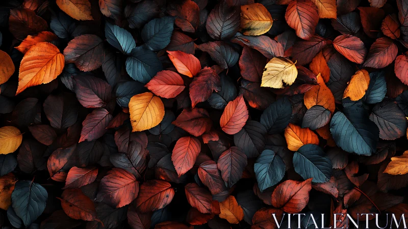 Autumn leaves form a rich tapestry of red, gold, and blue hues.