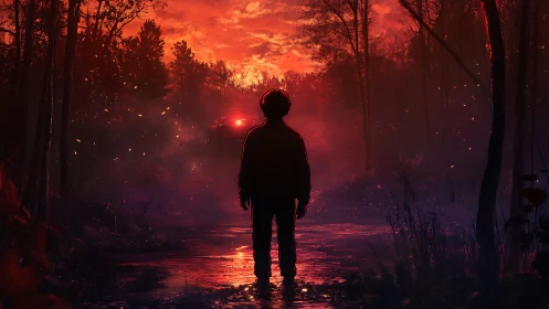 Silhouetted figure in burning red forest corridor at dusk.