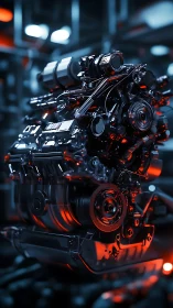 Detailed automotive engine render in blue and red lighting.