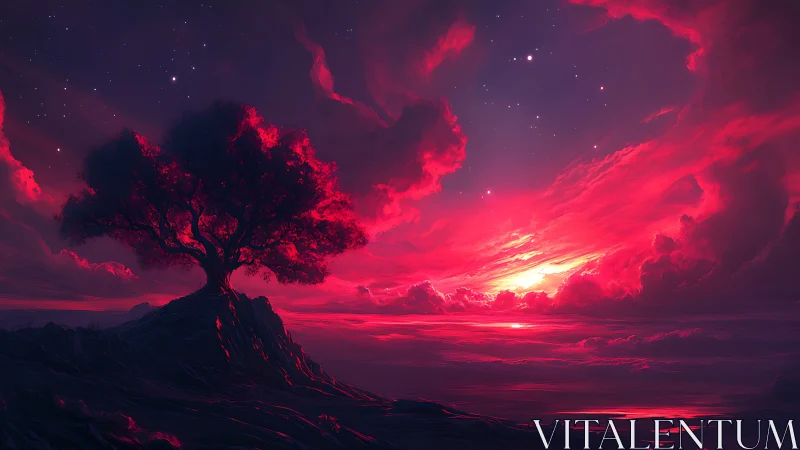 Lonely hilltop tree under a glowing pink cosmic sunset.