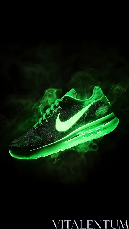 Neon sprint sneaker levitating in electric emerald smoke.