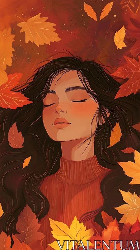 Autumnal portrait illustration with floating foliage composition.
