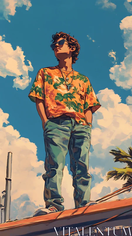 Teen stands rooftop under bold summer sky, vibrant colors.