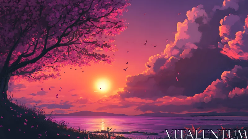 Gentle sunset glow under cherry blossoms by a quiet shore.