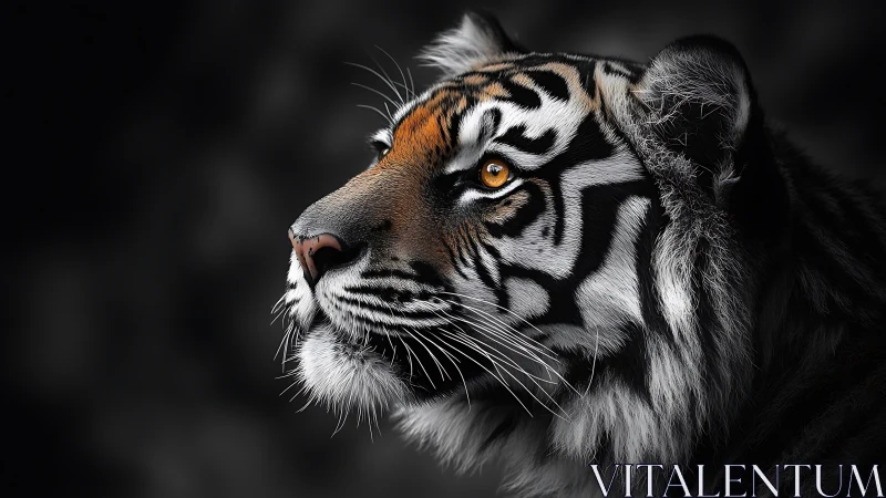 Profile portrait of a tiger with sharp detail and contrast.