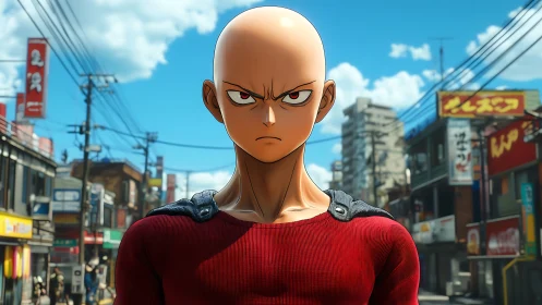 Bald anime hero in urban Japanese street, frontal close-up