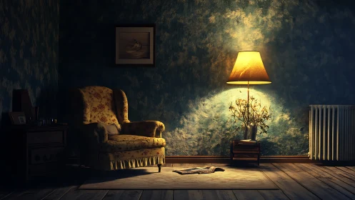 Lamplit vintage armchair in low-key nocturnal interior space.