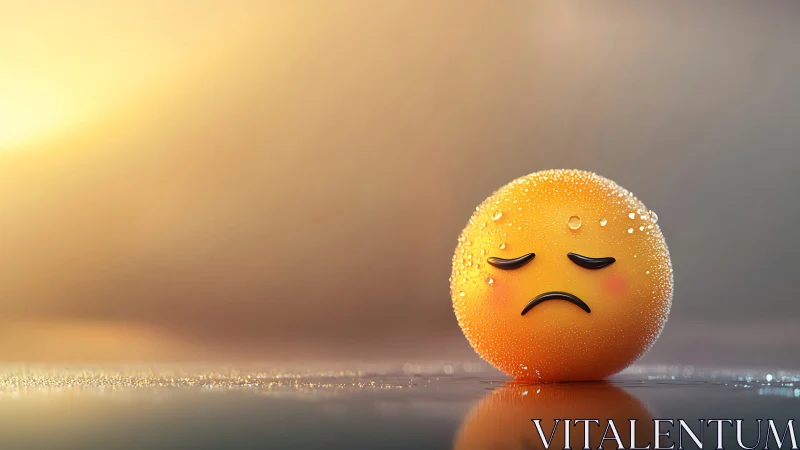 Sad yellow emoticon sphere rests on reflective wet surface