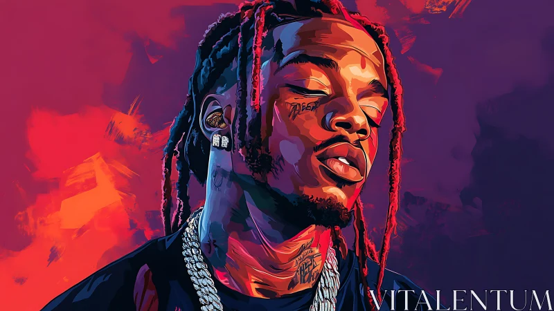 Bold digital portrait captures serene rapper in neon hues.