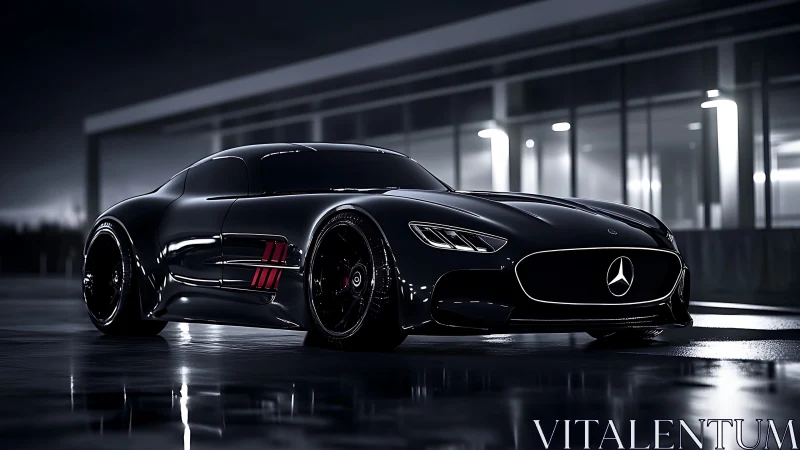 Sleek black supercar prowls a rain-soaked modern city night