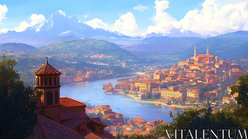 Sunlit river city below snowcapped mountain range panorama.