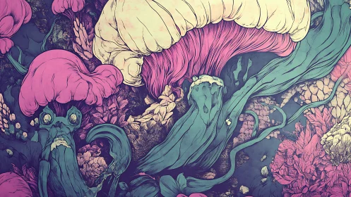 Surreal fungal organisms coil in a high-contrast chromatic field