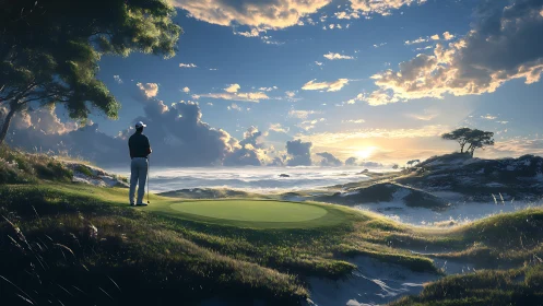 Sunlit seaside golf green embraced by a peaceful horizon.