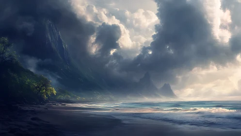 Dramatic Coastal Landscape with Towering Basalt Formations and Dynamic Cloud Formations