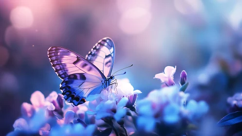 Butterfly rests on clustered blossoms in soft focus light